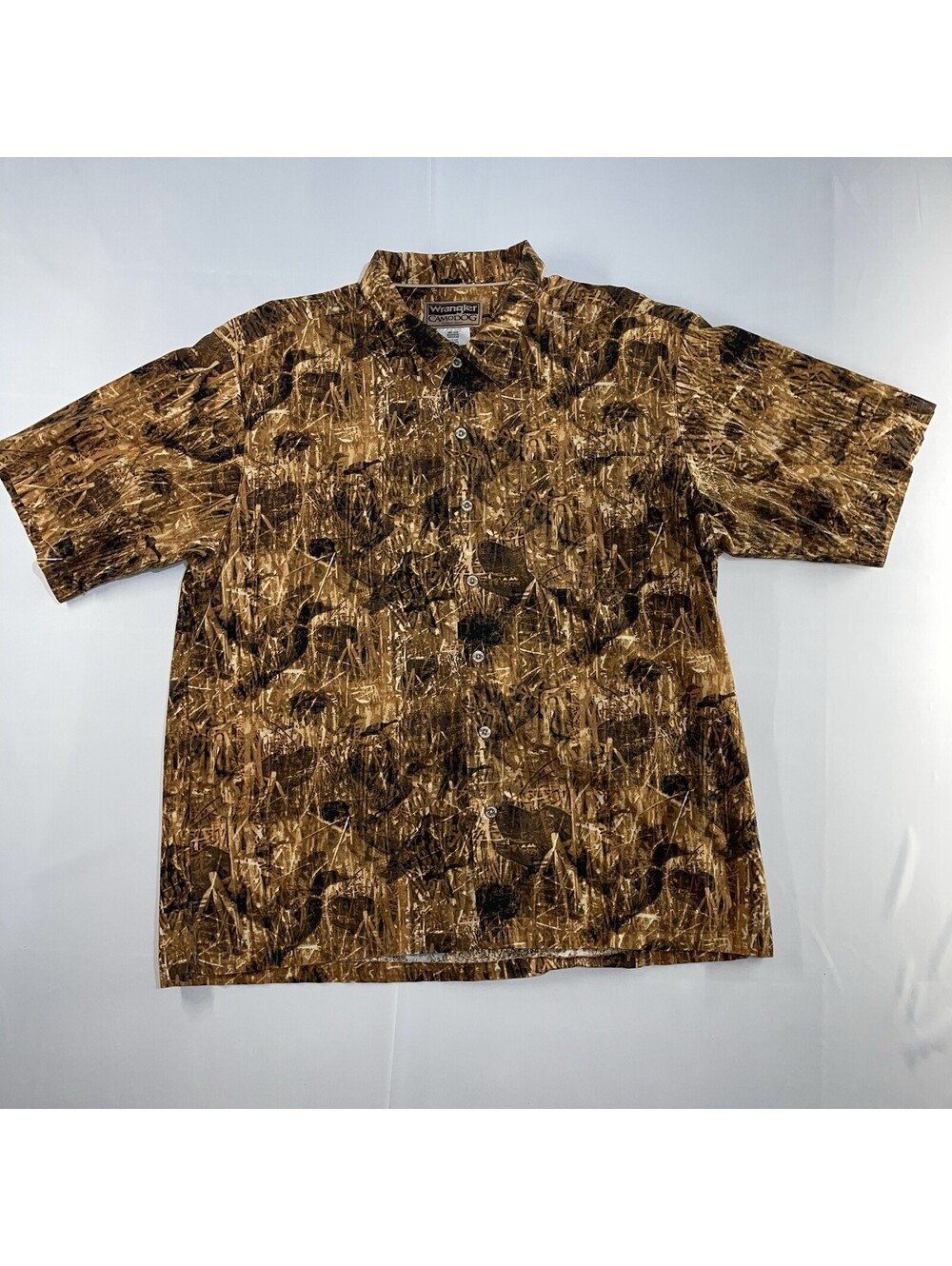 Wrangler CamoDog Shirt Mens XL Brown Ducks & Dogs Button Up Outdoors Hunting